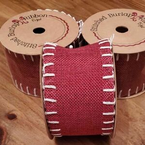 6 Rolls Of Dark Red Burlap Stitched Ribbon | 2.5" x 15' | RRR Home
